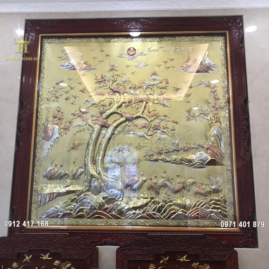 Tranh Đồng B&aacute;ch Hạc Quần T&ugrave;ng Mạ Bạc Mạ Đồng Đỏ 2M32